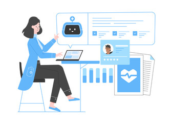 Cute female doctor communicates with a chat bot using a language model. Artificial intelligence in patient data analysis and diagnosis. Modern technologies in medicine. Vector flat illustration.