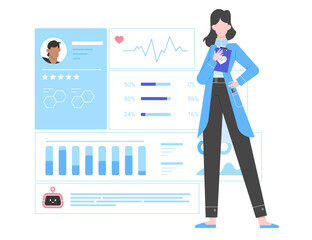 Modern technologies in medicine. A female doctor stands against the background of a dashboard with the patient’s medical indicators. Making a diagnosis using artificial intelligence. Vector flat.