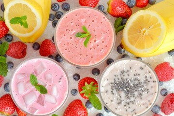 Freshly blended fruit smoothies with strawberries and lemons on a vibrant summer day.