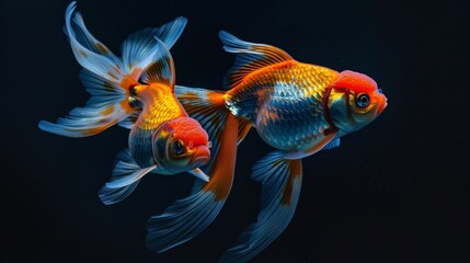 A pair of goldfish swimming together in perfect harmony, their graceful movements and vibrant colors creating a mesmerizing sight.