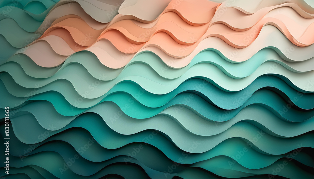 Poster detailed view of a wave-like pattern created by layered gradient turquoise and peach color paper she