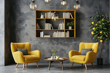 Modern home office interior with yellow armchairs, a bookcase and coffee table against a gray wall background