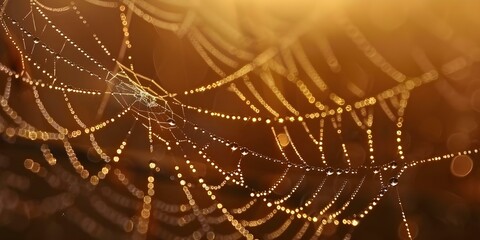 Dewdrops glisten like miniature diamonds on intricately woven spider webs catching the ethereal glow of the early morning light. Concept Macro Photography, Nature's Beauty, Morning Light