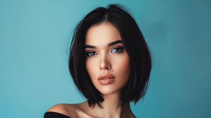 Fototapeta premium A portrait of a confident woman with a chic bob hairstyle, exuding sophistication and poise as she poses for the camera.