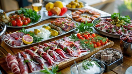 Beautifully arranged table with meat and cold appetizers in a restaurant or cafe showcasing specialties and recipes for a restaurant menu