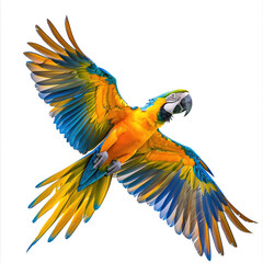 Colorful Macaw Parrot in Flight on White Background