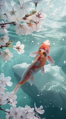 Koi Fish Underwater with Cherry Blossoms