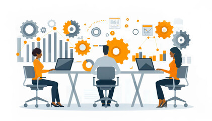 Business people are working in office, collaborating on a project, have a meeting, 2d illustration at white background	