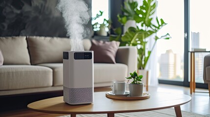 Fototapeta premium Air purifier in modern living room, air cleaner removing fine dust in the house