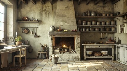 The ancient kitchen with a fireplace offers a wide-angle view, rustic decor, historical accuracy, and a cozy minimal style, making it warm and inviting.