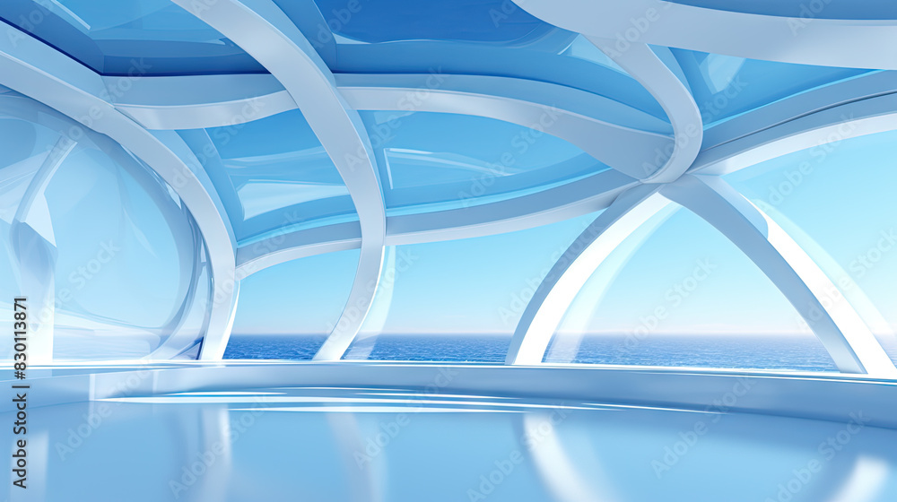 Poster Abstract architecture scene with smooth curves. Abstract background with futuristic building in white and blue colors.