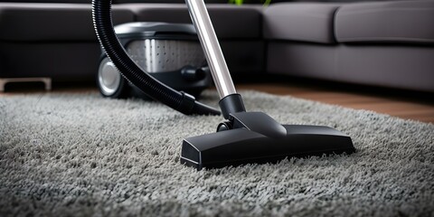 Closeup shot of vacuum cleaner cleaning dark gray carpet in home. Concept Home Cleaning, Vacuum Cleaner, Carpet Care, Household Chores