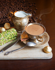 Sweets on the background of coffee on the table