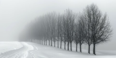 A snowy road lined with a row of trees on both sides, creating a winter scene