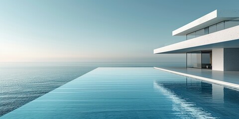 A spacious swimming pool with a clear view of the vast ocean