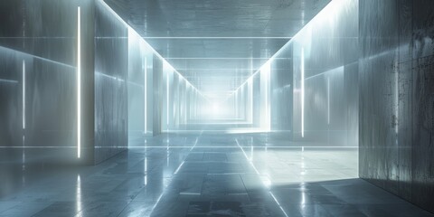 A hallway stretching into the distance with bright light shining at the end