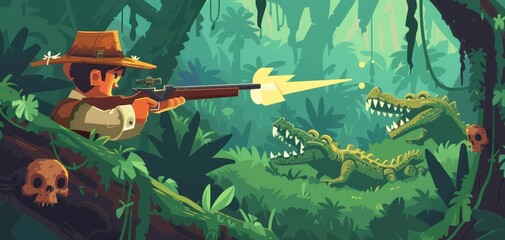 Cowboy Lizard with Pistol in Whimsical Desert Cartoon Scene