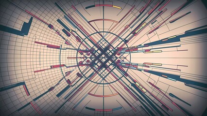 Futurista ilustración digital con un fondo de armazón y un dinámico efecto de plexo, formas geométricas y líneas se intersectan y superponen creando una experiencia visual cautivadora.
