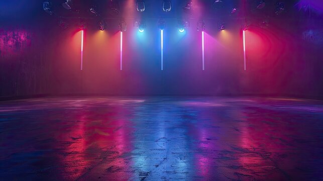 Disco lights on empty dance floor, minimal wide shot, vibrant and colorful lighting, evokes a sense of anticipation and excitement, with a touch of modern elegance.