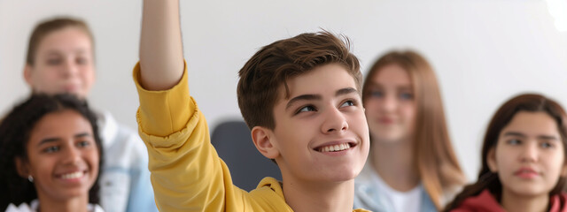 Lively high school classmates, their expressions animated as they participate in a lesson, a smiling, confident Caucasian boy leading the charge to answer the teacher's query.