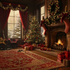 Fototapeta premium Christmas Tree by the Fireplace