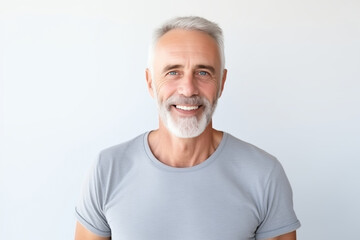 Obraz premium Portrait handsome happy smiling mature man with toothy smile, gray hair, bearded on white background