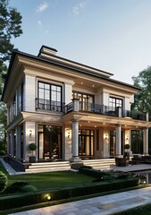 A magnificent three-story mansion with a swimming pool