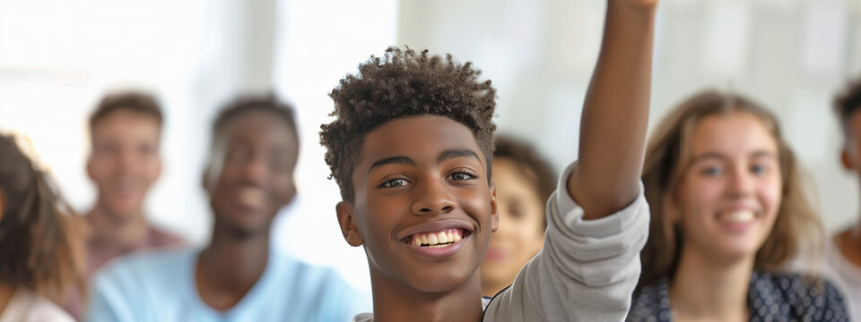 Lively high school classmates, their expressions animated as they participate in a lesson, a smiling, confident afro-american boy leading the charge to answer the teacher's query. - Powered by Adobe