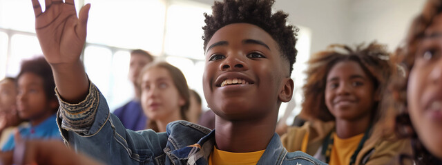 Lively high school classmates, their expressions animated as they participate in a lesson, a smiling, confident afro-american boy leading the charge to answer the teacher's query.