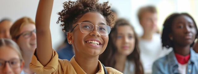 Lively high school classmates, their expressions animated as they participate in a lesson, a smiling, confident afro-american girl leading the charge to answer the teacher's query.