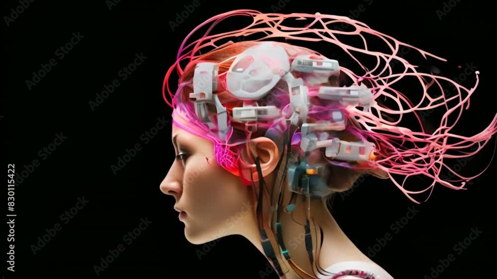 Aufkleber A woman's head is shown with a lot of wires and circuits. Concept of technology and artificial intelligence