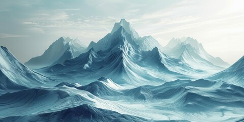 A painting depicting a grand mountain range under a vast blue sky