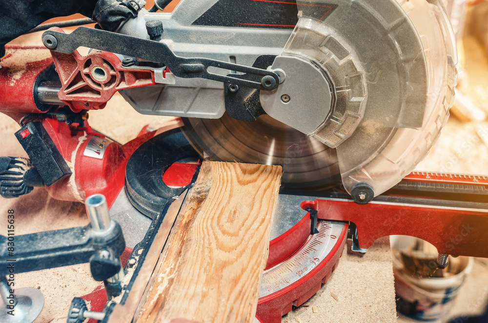 Wall mural carpentry machine circular saw cuts a board in carpentry workshop