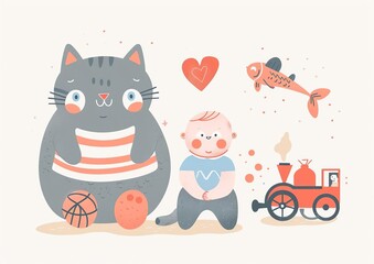 Cute Baby and Cat with Toys in Playful Nursery Illustration