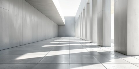 A hallway with white walls and columns stretching into the distance