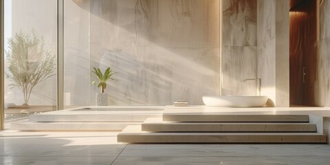 A room with a set of steps leading to another level
