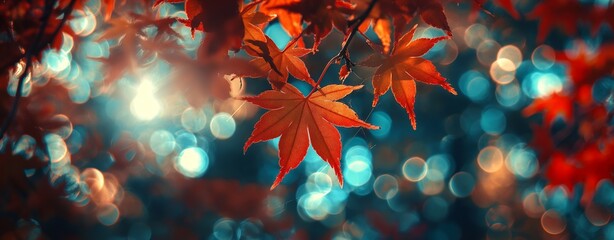 close up maple leaves with sunlight and bokeh, peaceful Autumn and fall season foliage wallpaper background,