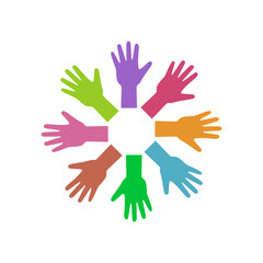 Circle of colored handprints. A circle made from the palm prints of hands of different random colors. Vector illustration on a white background.