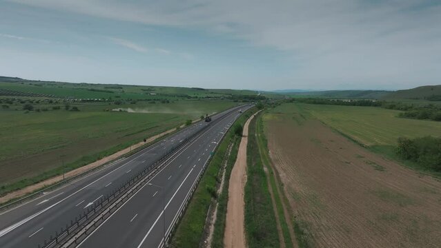 Romania highway. Aerial 4k video of A1 highway that connects Sibiu with Sebes and Alba-Iulia cities from Transylvania. Roads of Romania.