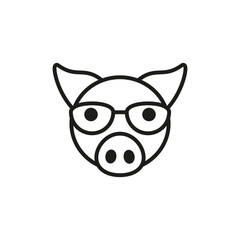Pig with glasses. Outline vector icon. Front view. Isolated illustration on white background. Flat style and design.