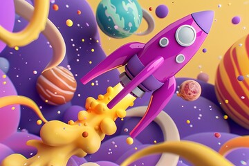 Colorful Rocket Ship Launching in Fantasy Space Scene