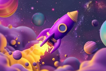 Colorful Rocket Ship Launching in Fantasy Space Scene