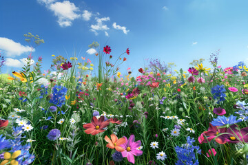 Obraz premium A field of flowers with a blue sky in the background