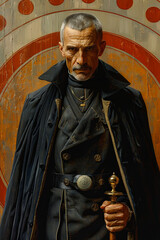 Naklejka premium Aristocratic Vampire Count Character Avatar with Velvet Cloak and Sharp Fangs Gen AI