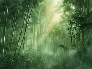 A misty morning in a bamboo forest, with shafts of light breaking through the dense growth