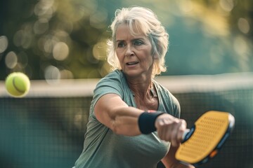 close up middle age caucasian woman playing pickleball outdoor