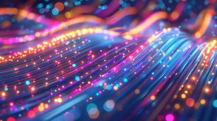 3D render of glowing fiber optic cables with data transfer concept, abstract background with bokeh lights and neon colors. Digital technology wallpaper