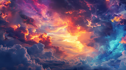 Vivid and dramatic sunset sky filled with clouds displaying an array of colors.