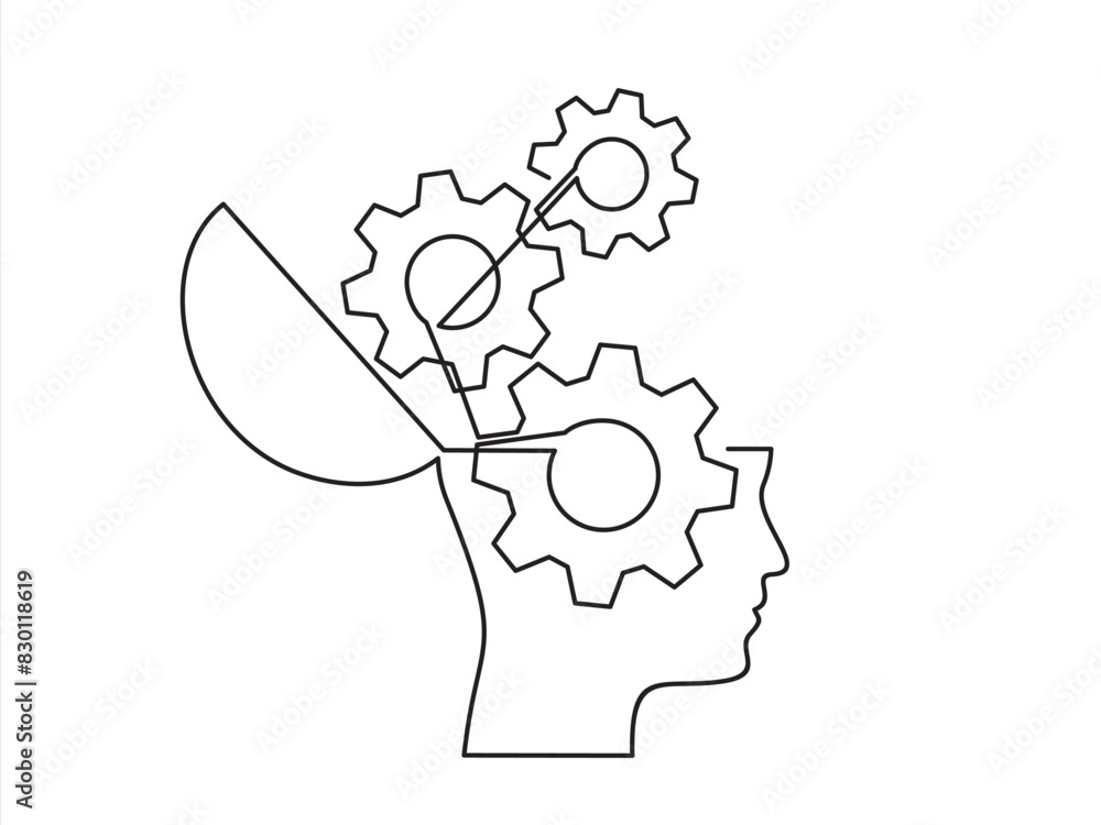 Poster head of a man with gears inside, drawn in one line on a white background. one-line drawing. continuo