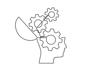 Head of a man with gears inside, drawn in one line on a white background. One-line drawing. Continuous line. Vector